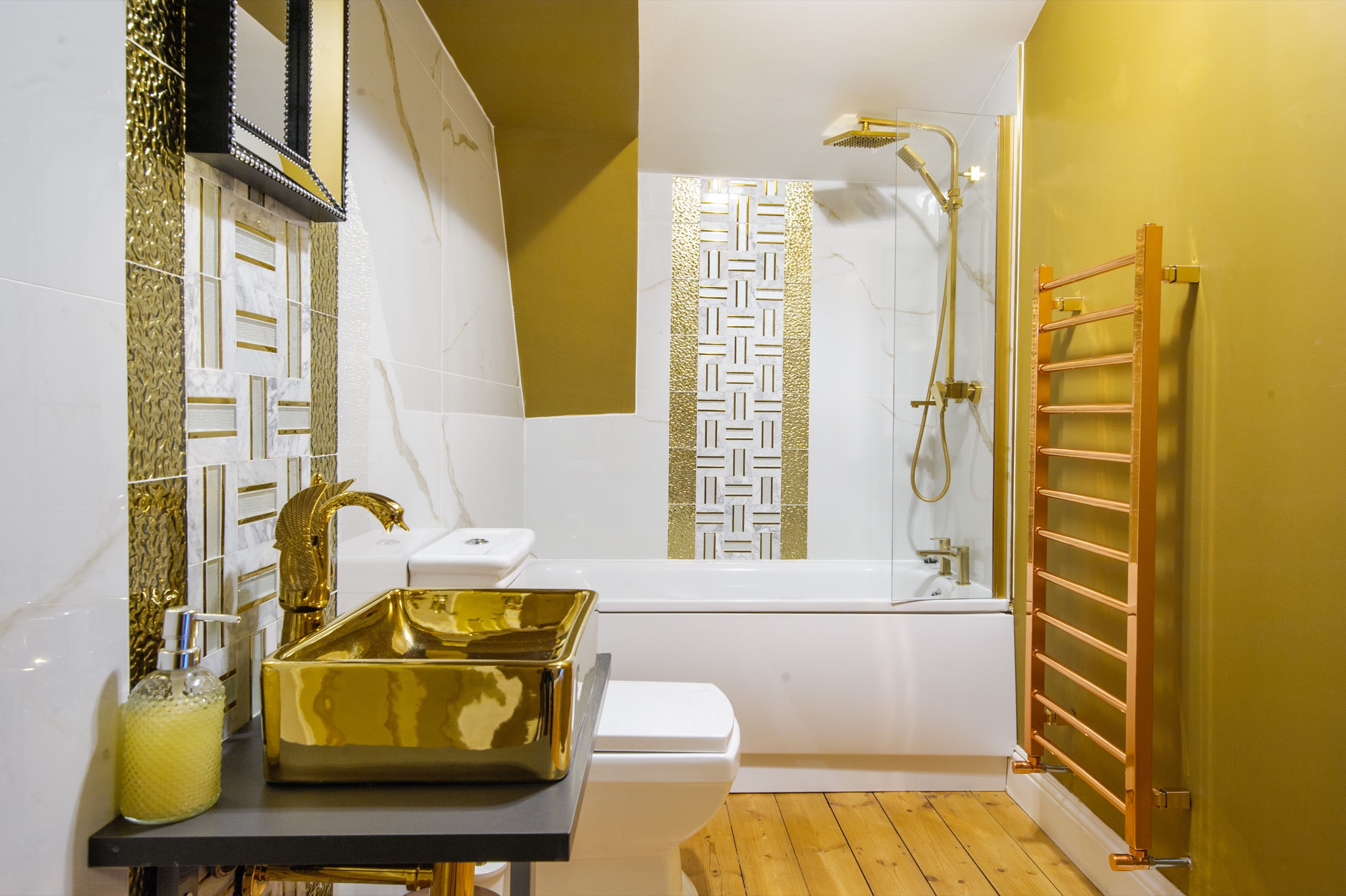 Gold Bathroom at The Rock & Roll Suite, Saffron Walden