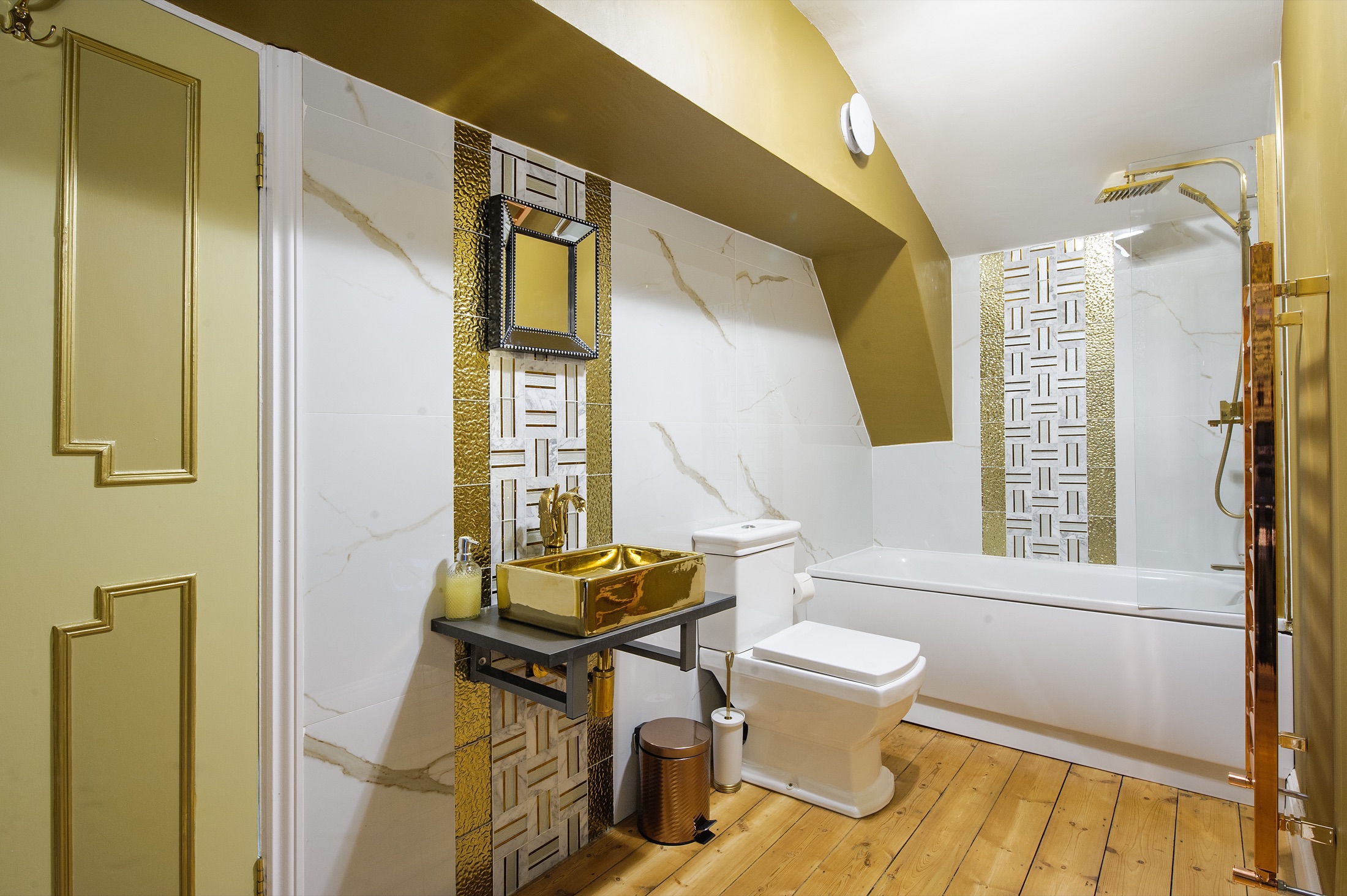 Gold Bathroom at The Rock & Roll Suite, Saffron Walden